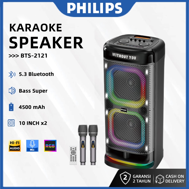 Speaker Bluetooth BTS-2121 Party/Karaoke  2x10 Inch + 2 Mic Wireless, Lyric Display, Lampu RGB, Bass