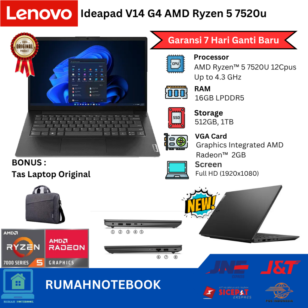 Laptop Baru Lenovo V14 G4  AMD Ryzen 5 7520U 12 Cpus Up to 4.3GHz