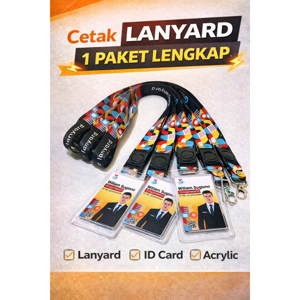 Cetak Lanyard 1 Paket Lengkap 2CM | Lanyard + ID Card + Holder Acrylic Bening | Custom Logo