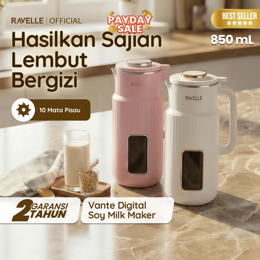 RAVELLE Digital Soymilk Maker 850ml - Mesin Pembuat Susu Kacang Multifungsi