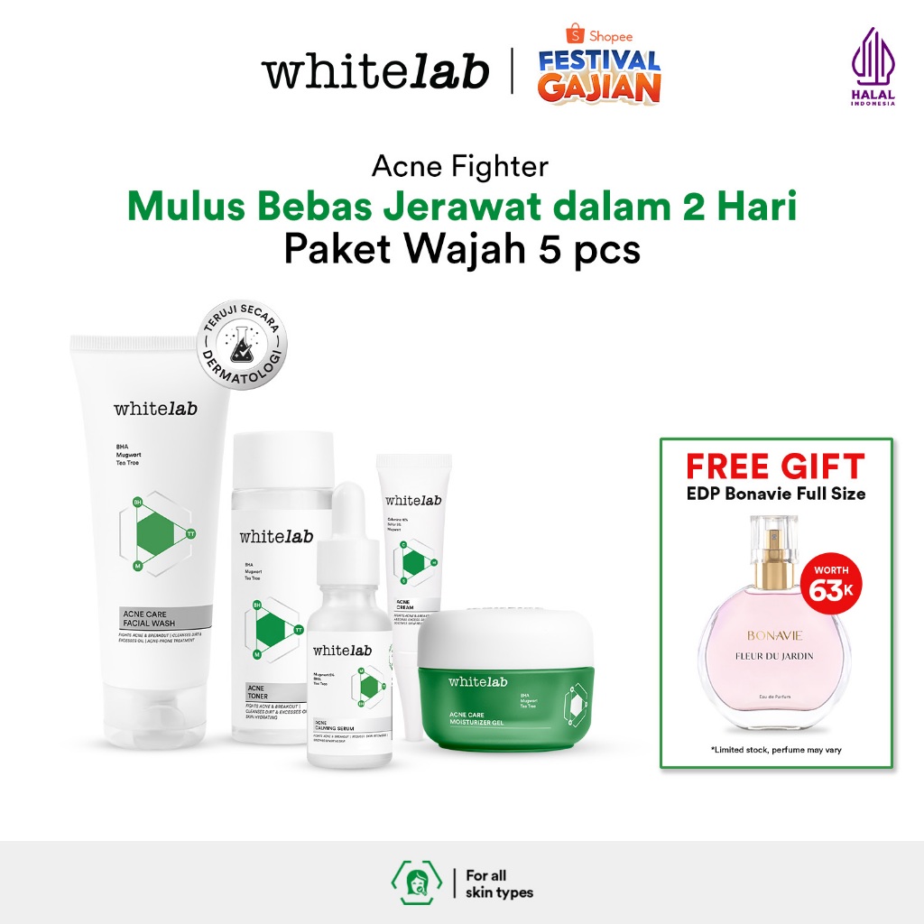 Whitelab 5 pcs Paket Acne Lengkap - Facial Wash, Toner, Serum, Moisturizer, Acne Cream Paket Skincar