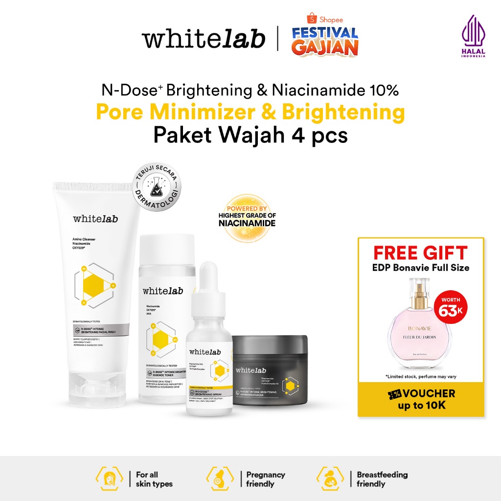 Whitelab Paket Wajah Brightening Niacinamide Facial Wash, Toner, Serum, Night Moisturizer - 4 pcs N-