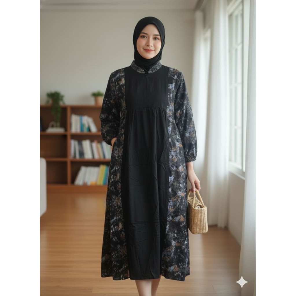 Taliya MIDI dress terbaru model kekinian bahan rayon twill kombinasi motif bunga, MIDI dress busui