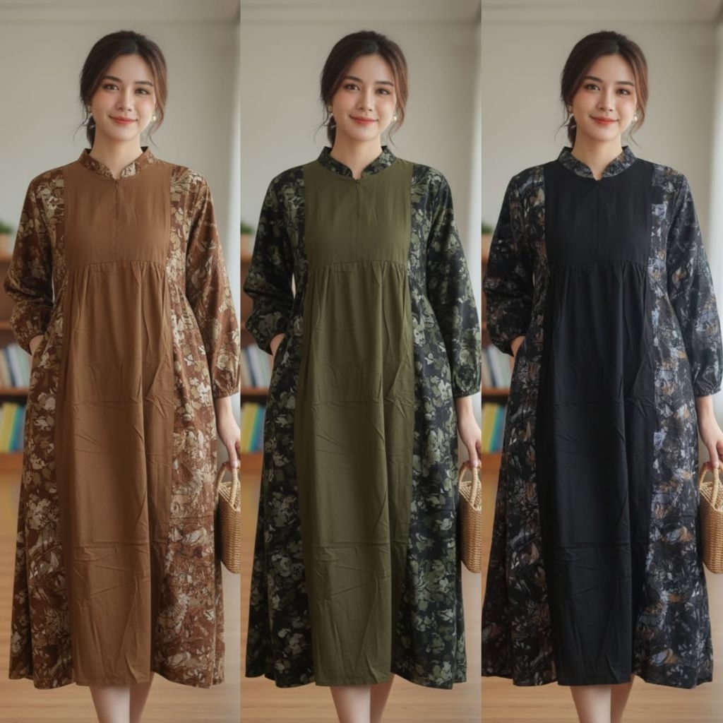 MIDI dress rayon twill kombinasi motif bunga/flora dress MIDI rayon twill mix rayon guardian/MIDI dr