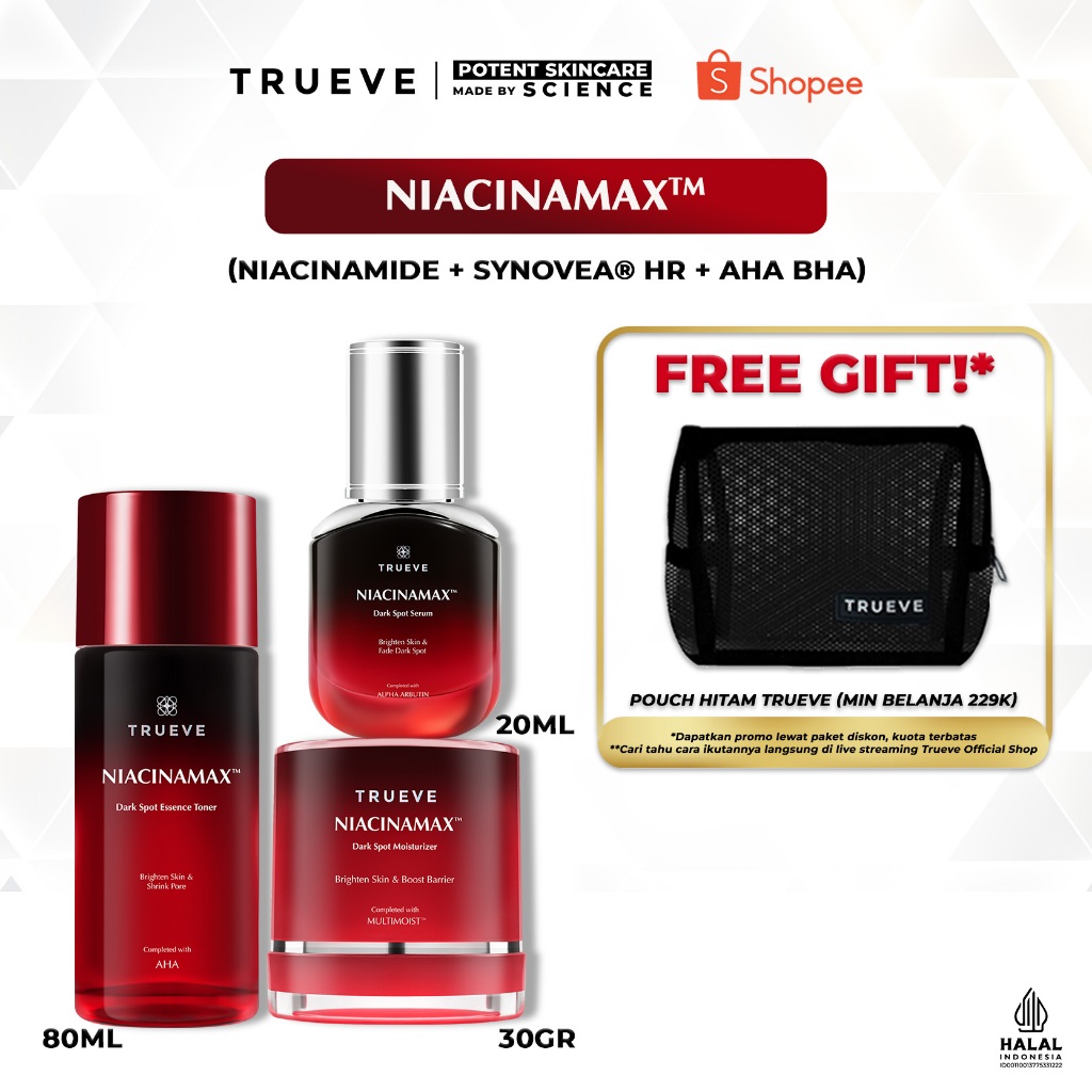 [PAKET 3 PCS] TRUEVE Niacinamax™ Dark Spot Serum , Moisturizer , Toner (Niacinamide, Synovea, AHA, B