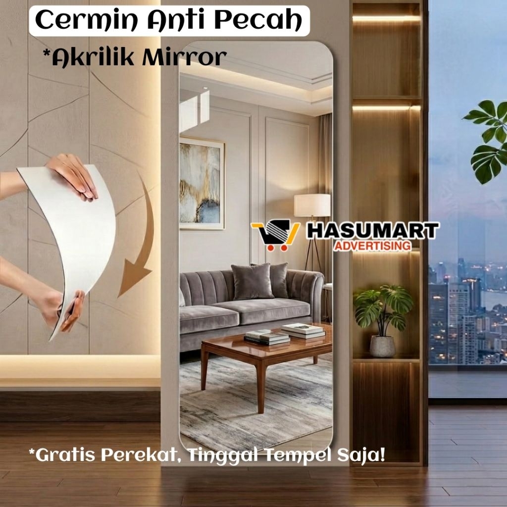 Cermin Akrilik PERSEGI (ANTI PECAH) / Cermin Dinding Tempel / Hiasan Dinding Cermin Kaca Akrilik