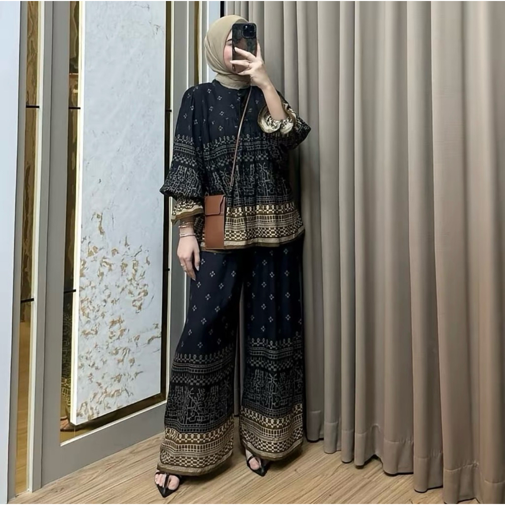 Nona Set Rayon Smoke Puffy Setelan Wanita Rayon Motif Lengan Balon Celana Kulot