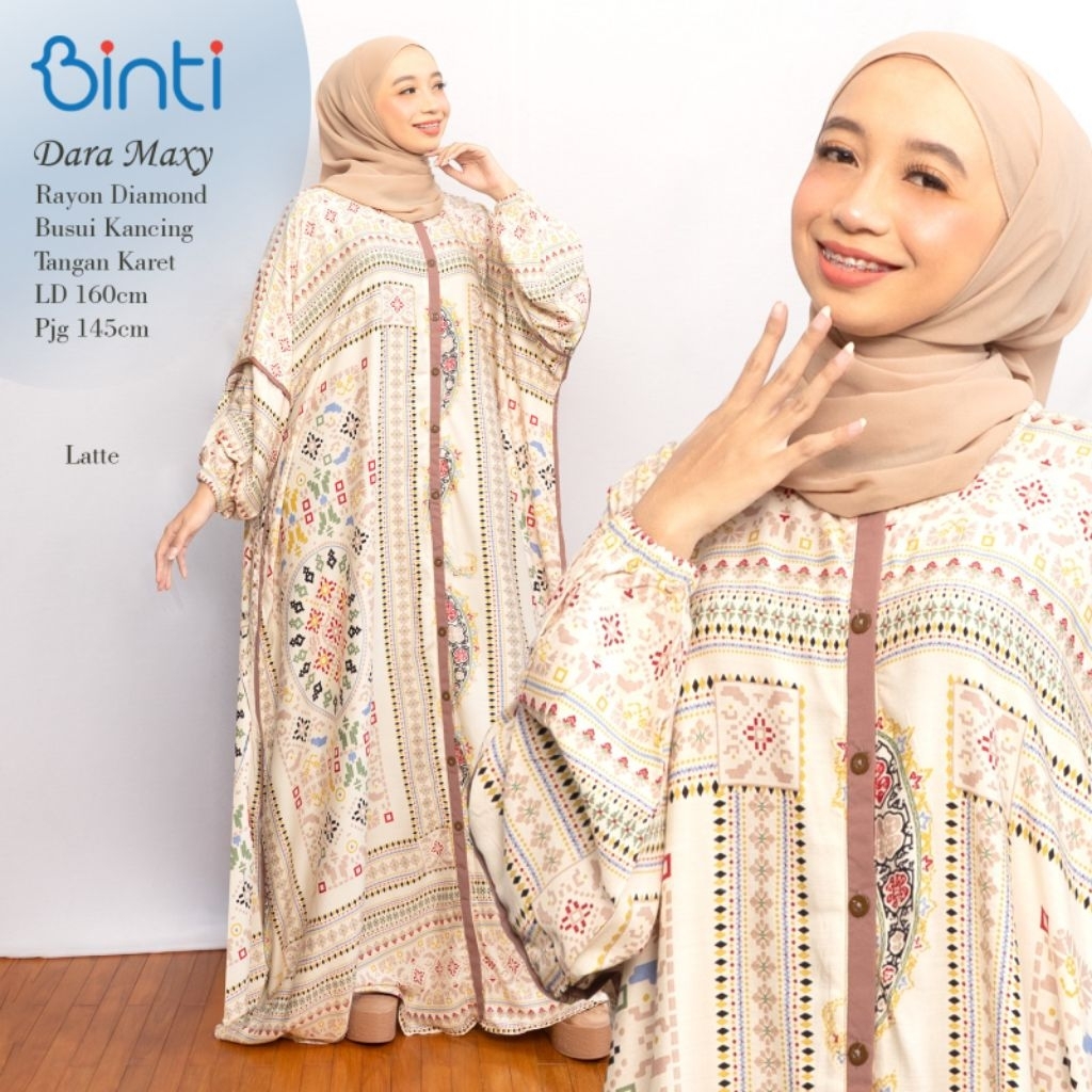 Gamis Motif Etnik Jumbo Binti Dara Maxy Rayon Diamond Busui Kancing Lengan Karet Panjang 145