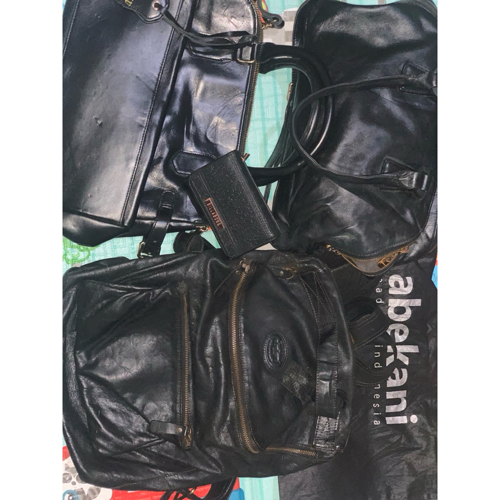 Preloved 3 Tas kulit (Royale, abekani, no brand) + 1 dompet billabong kulit