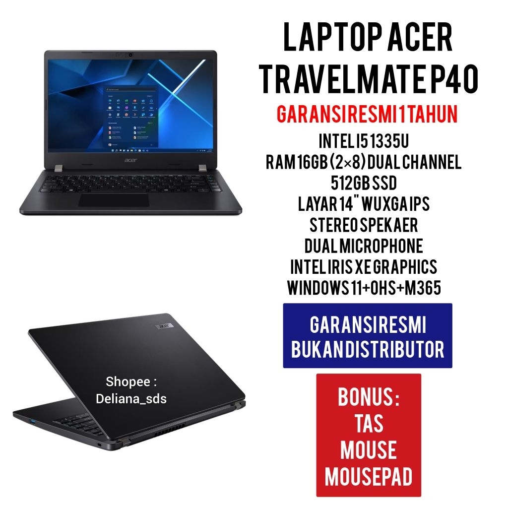 Laptop Acer Travelmate P40 Intel I5 1335U 16GB/512GB SSD 14" WUXGA IPS Garansi Resmi 1 Tahun Laptop 