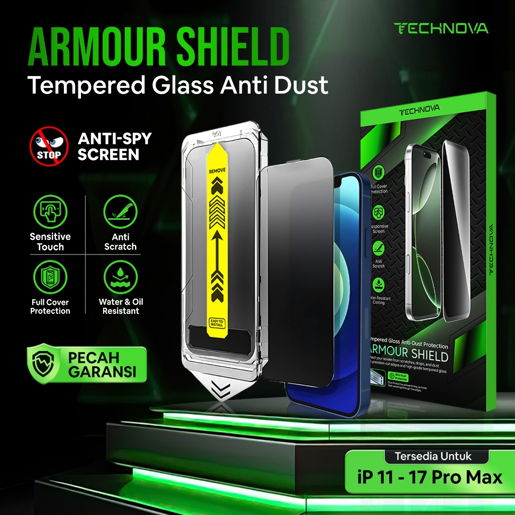 TECHNOVA Armour Shield Tempered Glass Anti Dust untuk iPhone 11 12 13 14 15 16 17 Pro Max Full Cover
