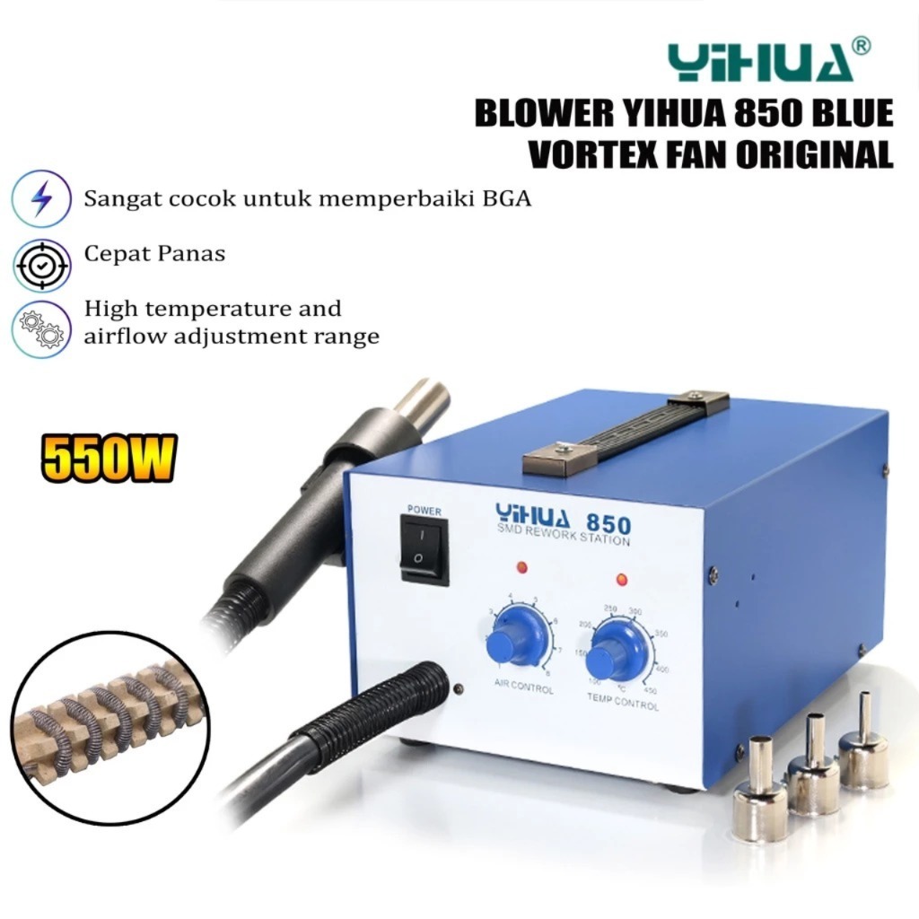Blower Yihua 850 Solder Uap Station Analog Hot Air Gun SMD Rework Blue Vortex Fan ORI