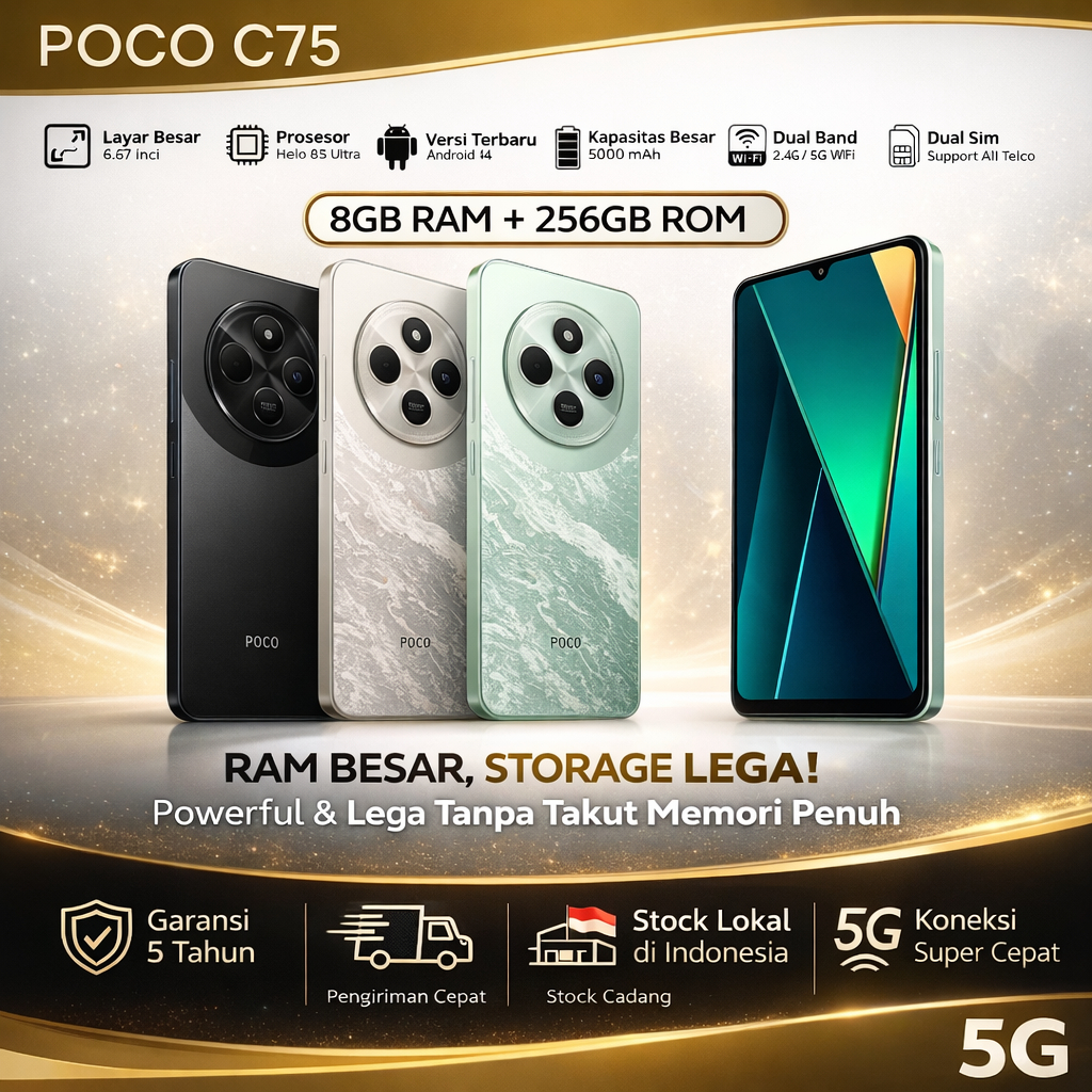 POCO C75 8GB RAM + 256GB ROM / Layar 6,88" 120Hz | Mendukung NFC | ponsel