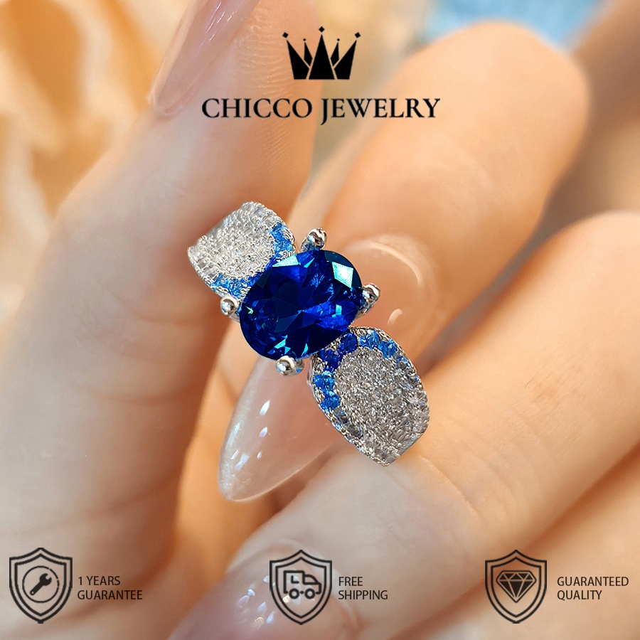 Cincin Batu Zircon Biru Wanita Bentuk Telur Kristal Gradasi Desain Pernikahan Sehari-hari-Chicco 210