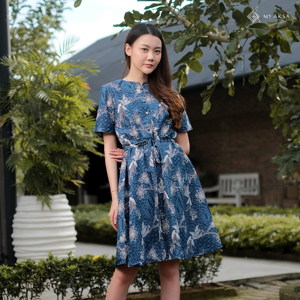 My Aksa Batik Wanita Dress Furing Jeda Jenak Navy