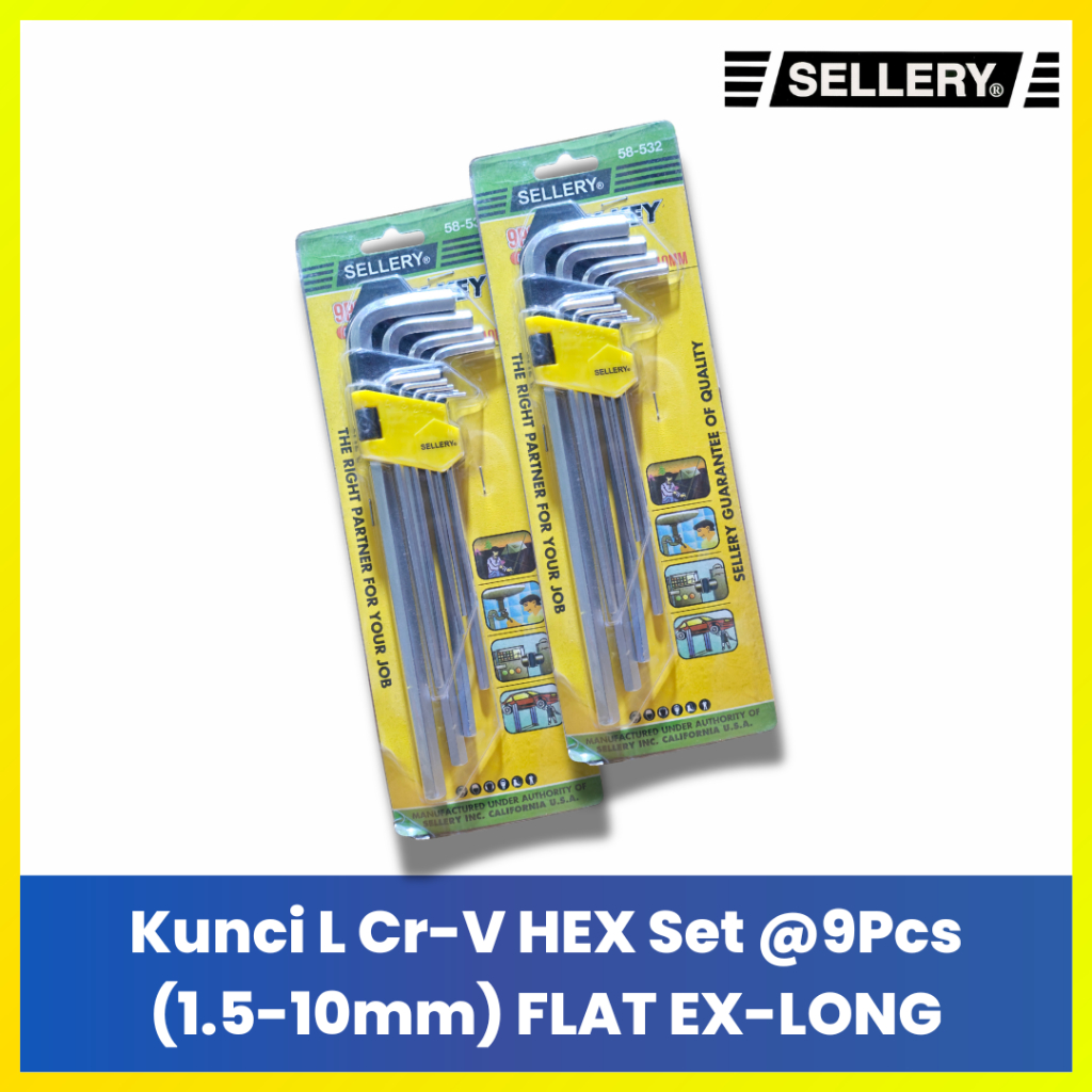 SELLERY 9 Pcs Hex Key Set FLAT EX-LONG 1.5-10mm - Kunci L Panjang Putih Chrome Vanadium Heavy Duty
