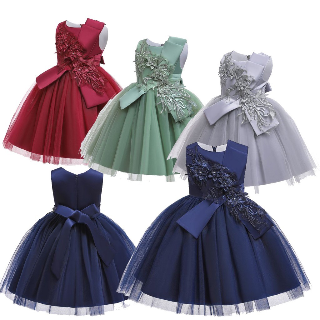 Party Dess Gaun Pesta Anak Perempuan Flower Tulle Tutu Warna Merah Biru Hijau Sage Silver Usia 3-10 