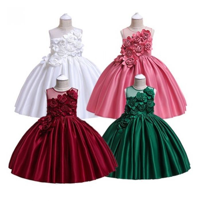 Party Dress Gaun Pesta Anak Bahan Satin Motif Bunga Warna Maroon Pink Hijau Putih Usia 3-9 Tahun