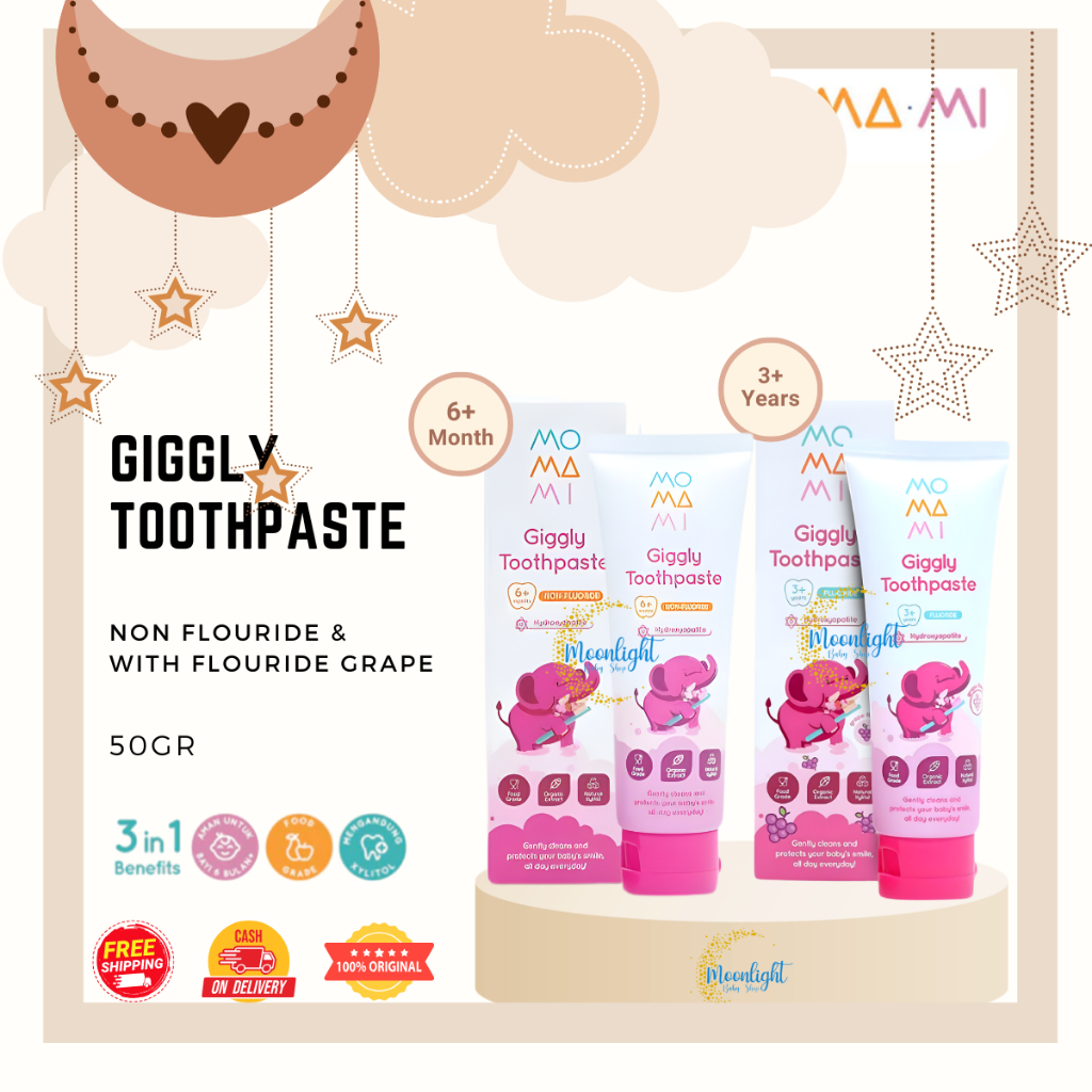 Momami Giggly Toothpaste With Non Flouride 50gr (6Bulan+) | With Flouride Grape 50gr (3 Years+)– Pas