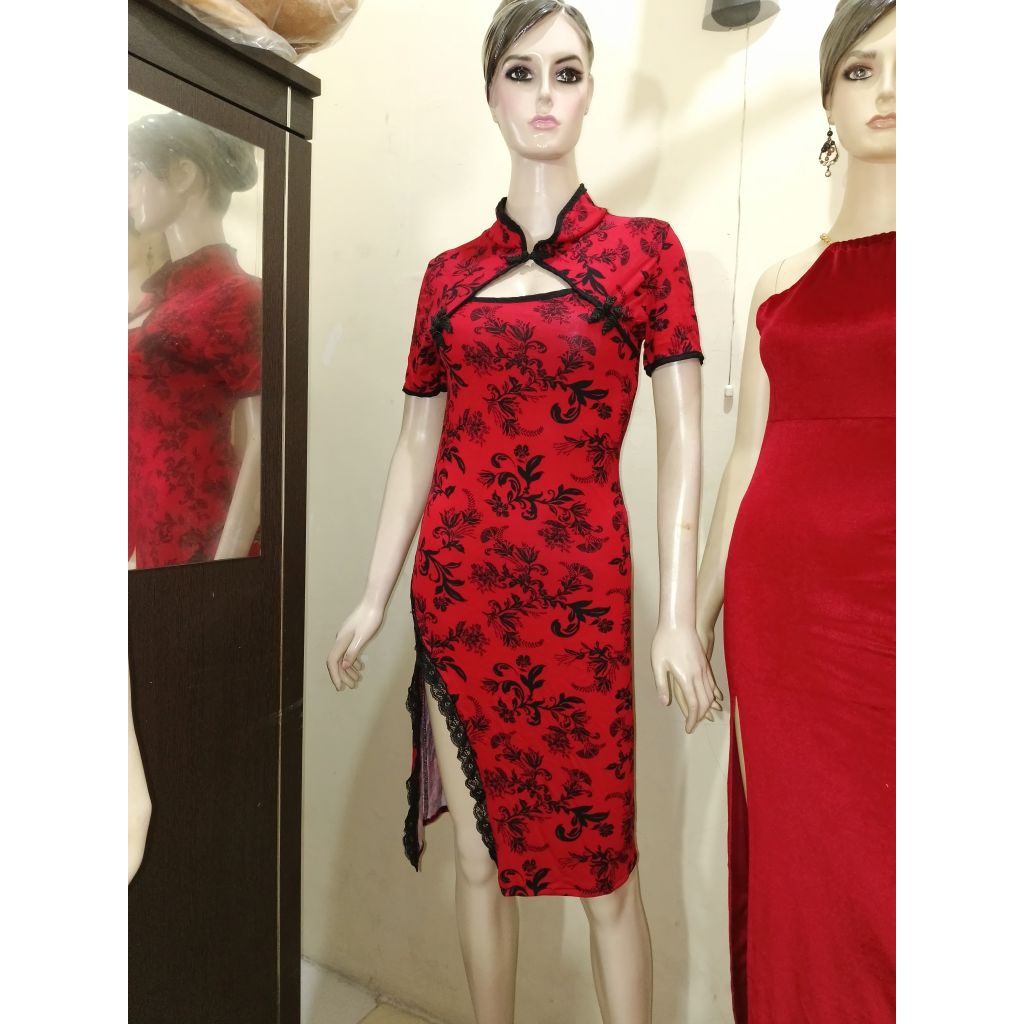Lanlan CNY Dress Wanita Velvet Merah Lengan Pendek