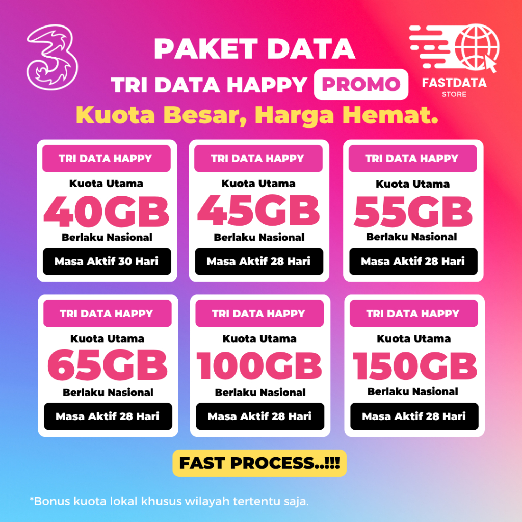 PAKET DATA TRI HAPPY & UNLIMITED ALWAYS ON SUPER MURAH PROSES CEPAT