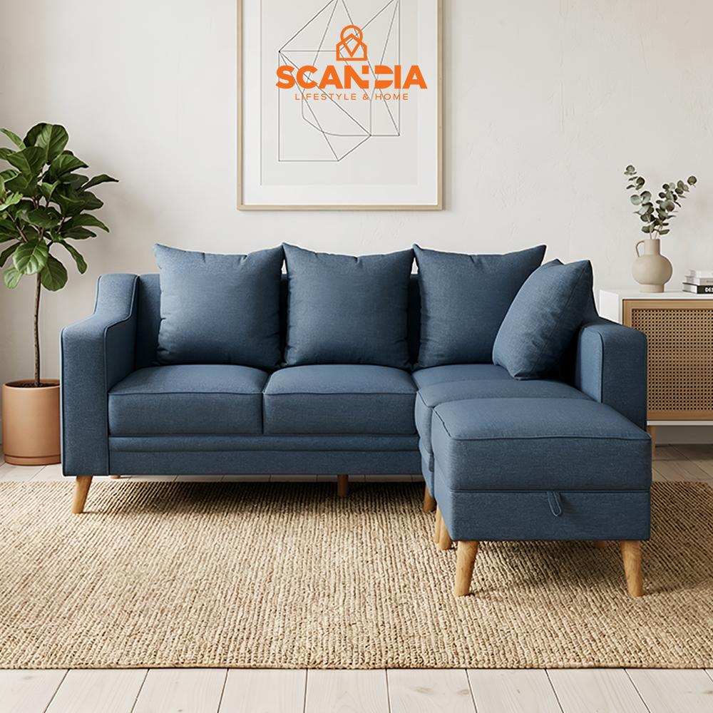 SCANDIA Sofa L Bed Bench Storage Annlide Harrier Virgon Square Blue - Kursi Santai Nyaman Putih Tidu