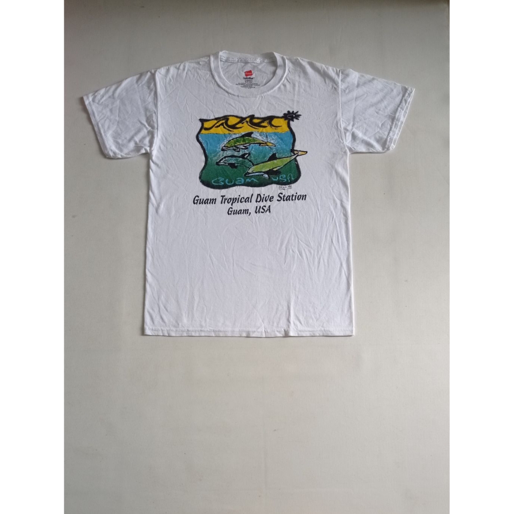 Kaos Hanes Vintage Art Ikan Dolphin Made In Guam USA The Sun Tees Build Up Size S Second Brand Hanes