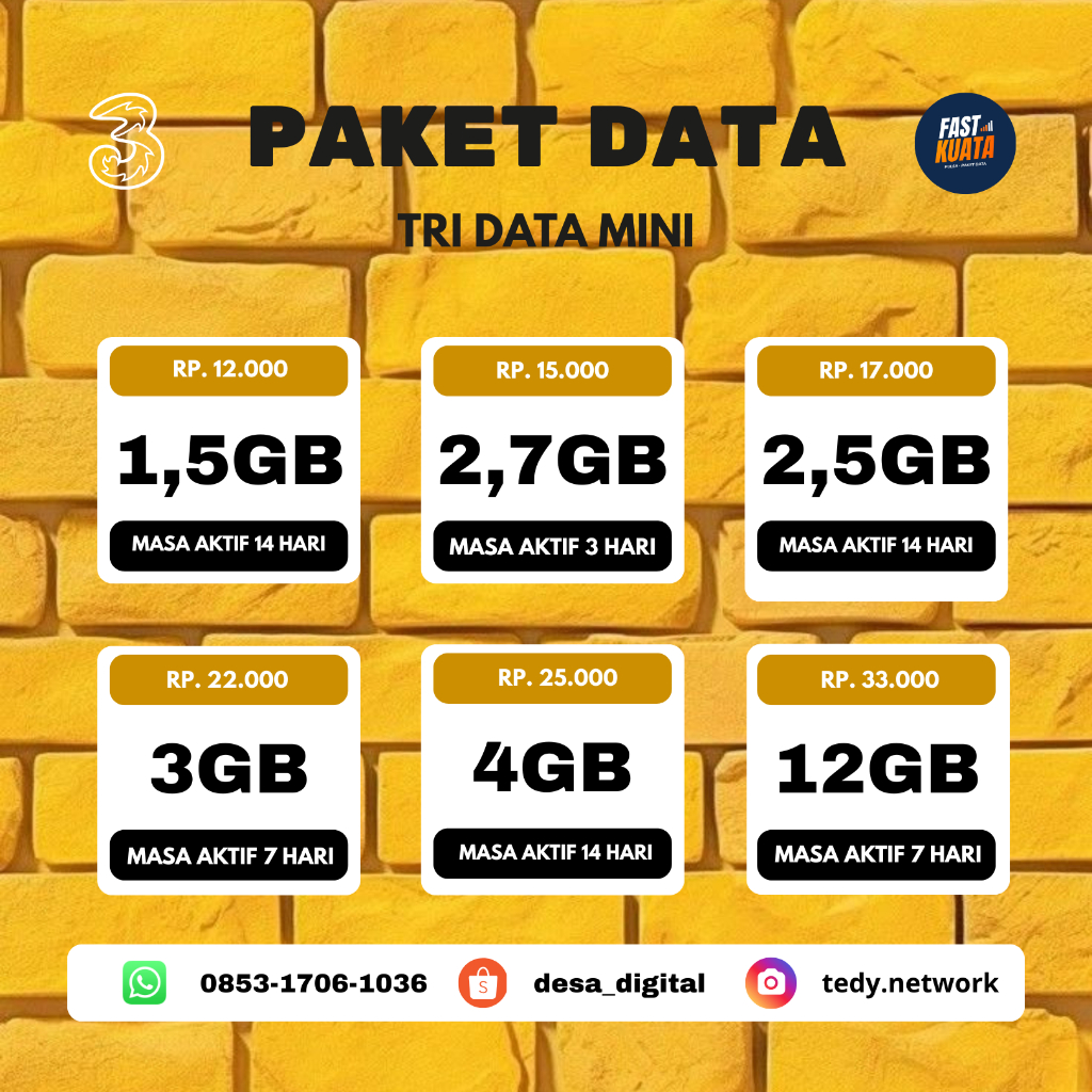 Paket Data Internet Tri 1GB - 12GB Full Kuota Utama 24 Jam