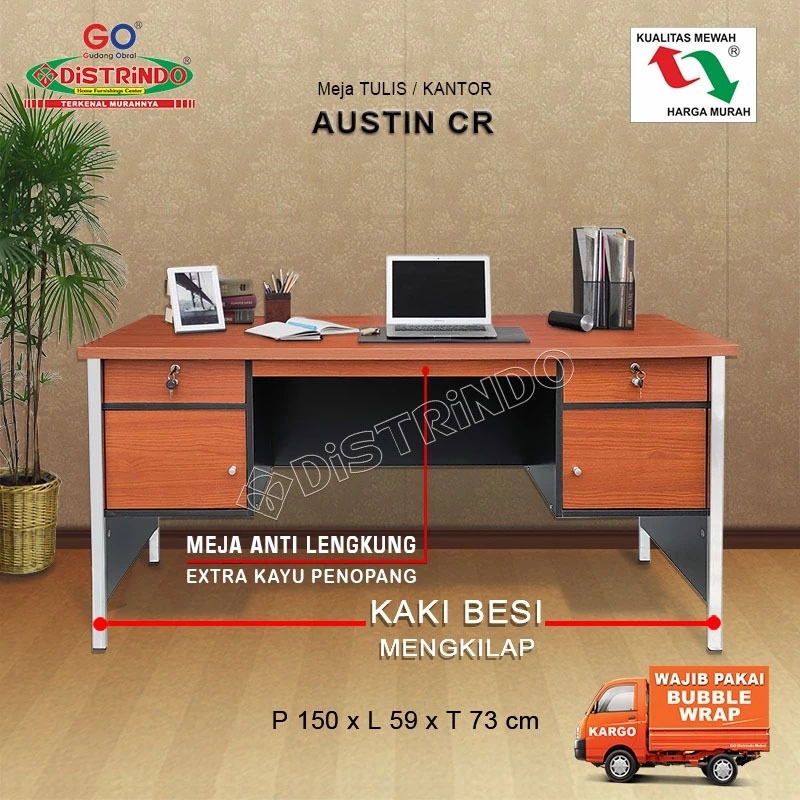 Distrindo - Meja Kerja Kaki Besi Kokoh Papan Tebal dengan Lemari Laci + Kunci