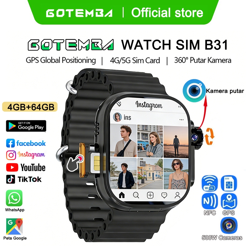 [360° kamera] GOTEMBA Smartwatch Sim card 4G/5G B31 | Bisa hotspot video Call | GPS |  NFC | Wifi | 