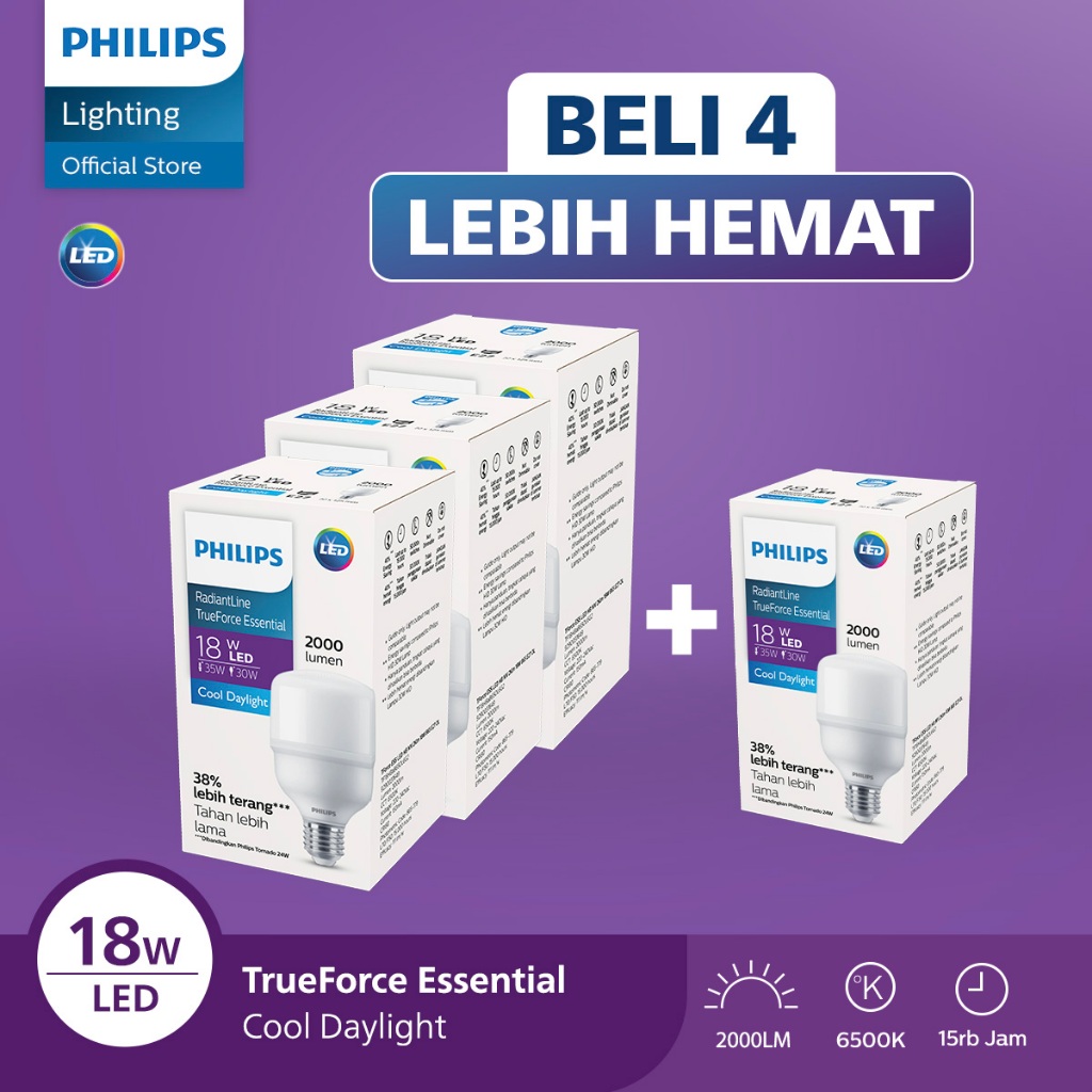Philips Paket Beli 4 Lebih Hemat Lampu Bohlam Radiantline TrueForce Essential 18W, 22W, 30W, 40W Put