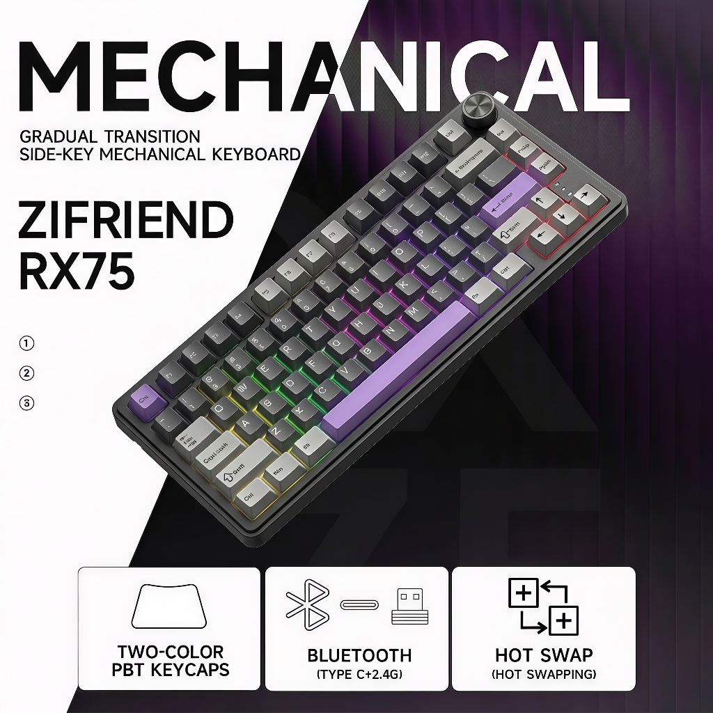 ZIFRIEND RX75 PRO Gaming Keyboard 5PIN Hotswap Wireless Mechanical Keyboard 75% Layout with Driver