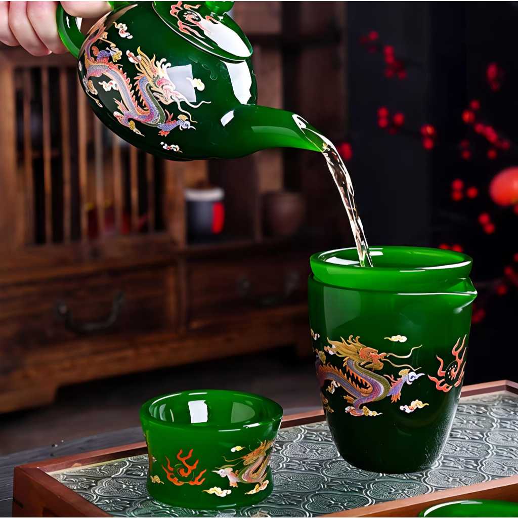 Set Tea Pot Hijau Kekaisaran Naga Ganda