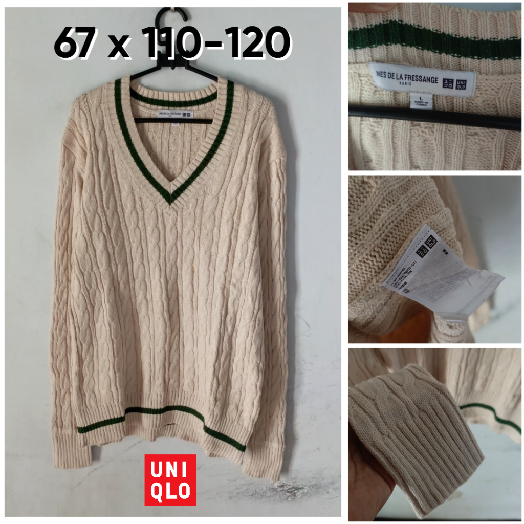 Sweater Kepang UNIQLO Ines De La Fressange Coklat Atasan Cable Knit Unisex Pria Wanita KL409