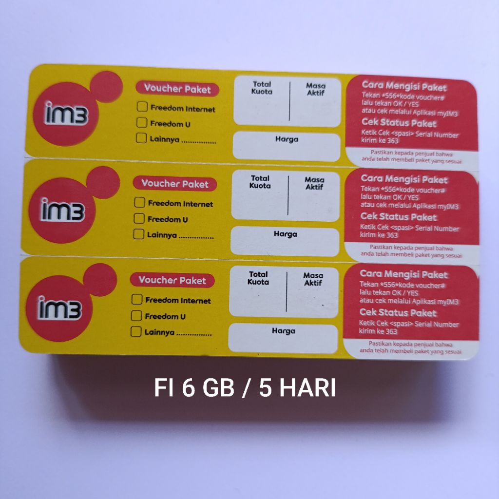Voucher Indosat im3 freedom internet  kuota 6gb / 5 hari