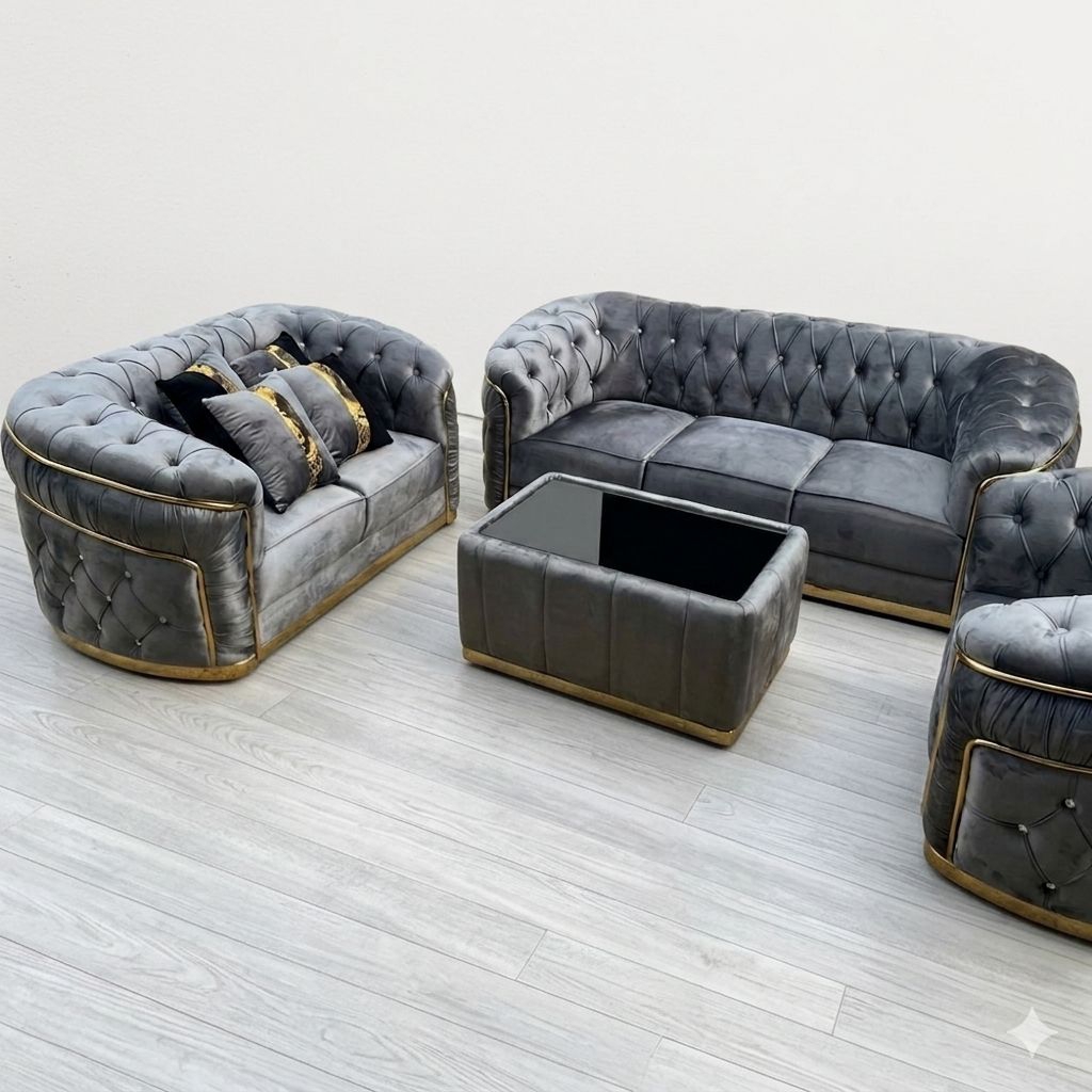 Sofa Set Sultan Chesterfield Velvet Luxury - Kursi Tamu Mewah Modern Gold Series