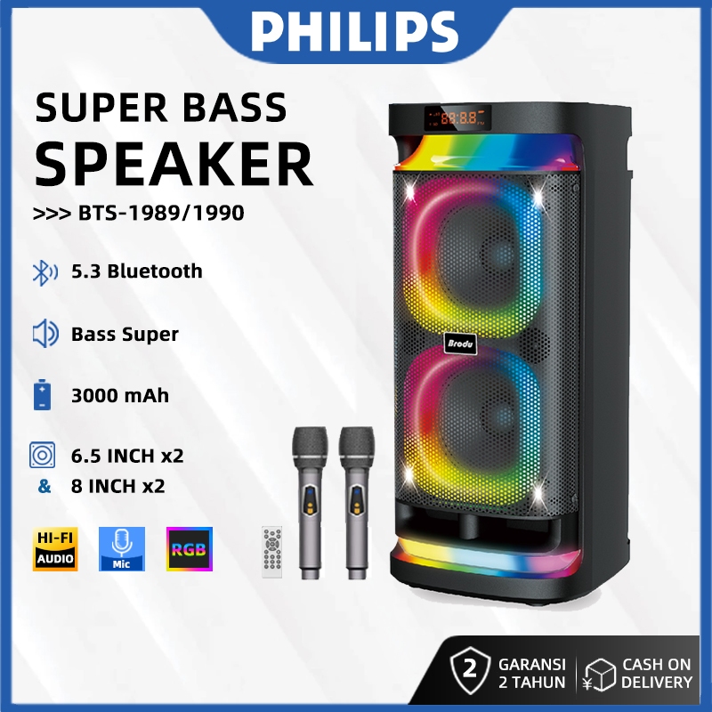 Speaker Bluetooth BTS-1989 6.5 *2 Inch + Mic RGB Bass Super Cocok Party/Karaoke/Outdoor, Dukung Kart