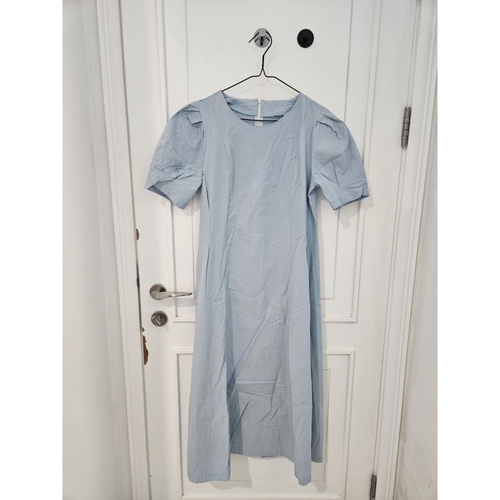 Preloved - LongDress katun poplin dress  lengan balon biru muda