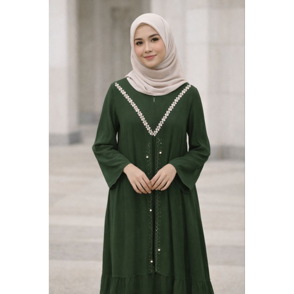 Gamis Wanita Elegan Hijau Botol Bordir Premium | Dress Muslimah Simple Anggun Modern