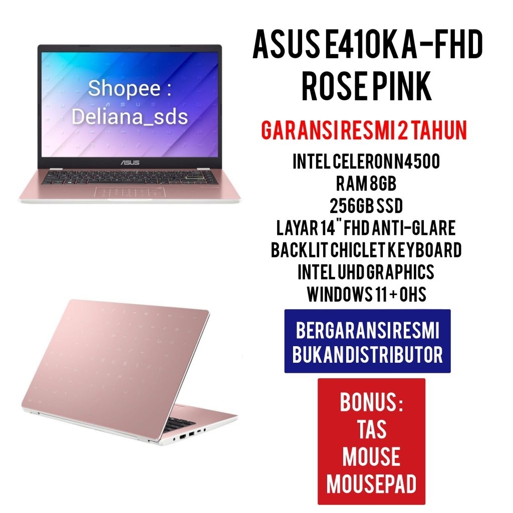Laptop Asus Vivobook E410KA-FHD Pink Intel Celeron N4500 8GB/256GB SSD 14" FHD Garansi Resmi 2 Tahun