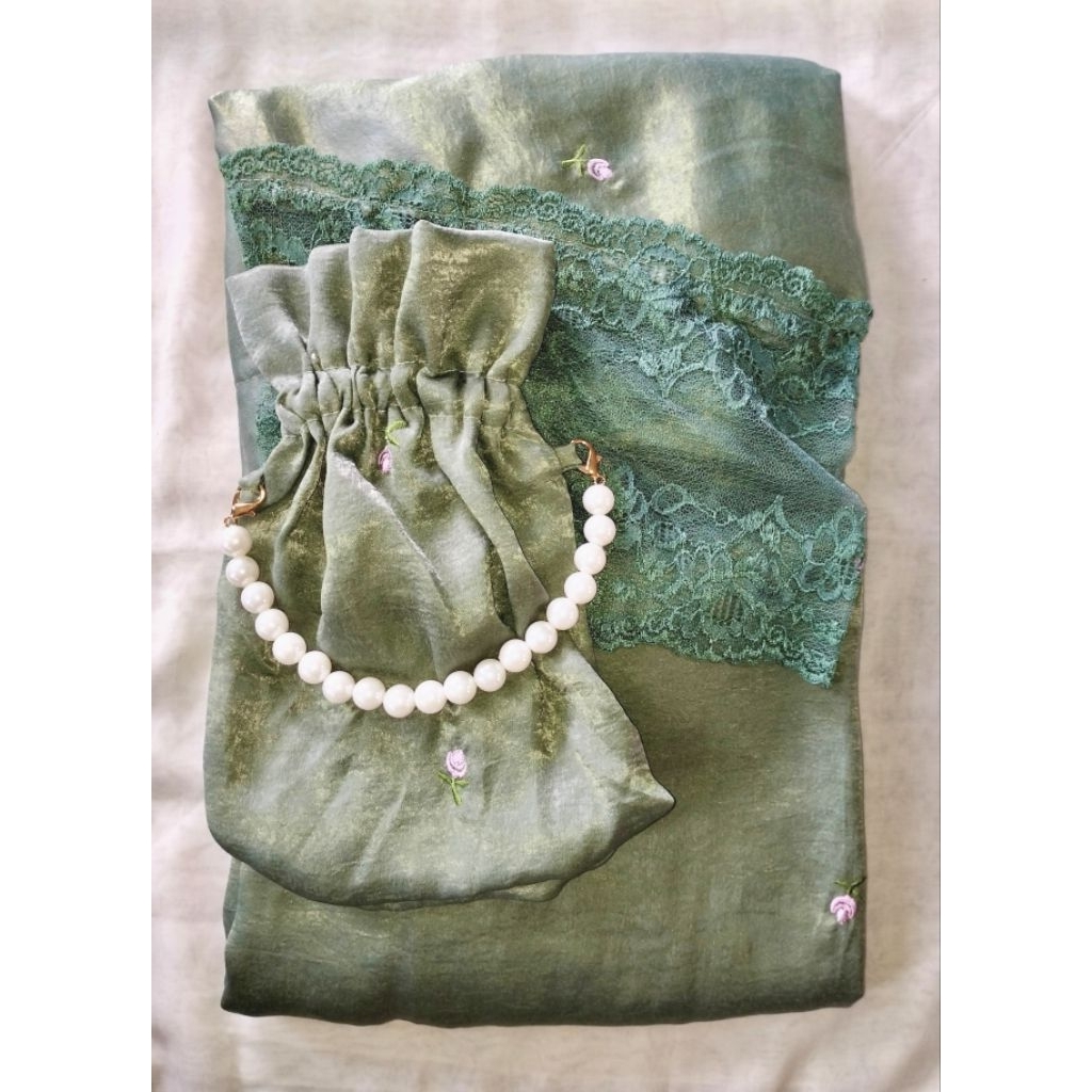 Mukenah Muslim Cantik Mewah Santorini Silk Bordir Renda Dewasa Jumbo Sage Tua