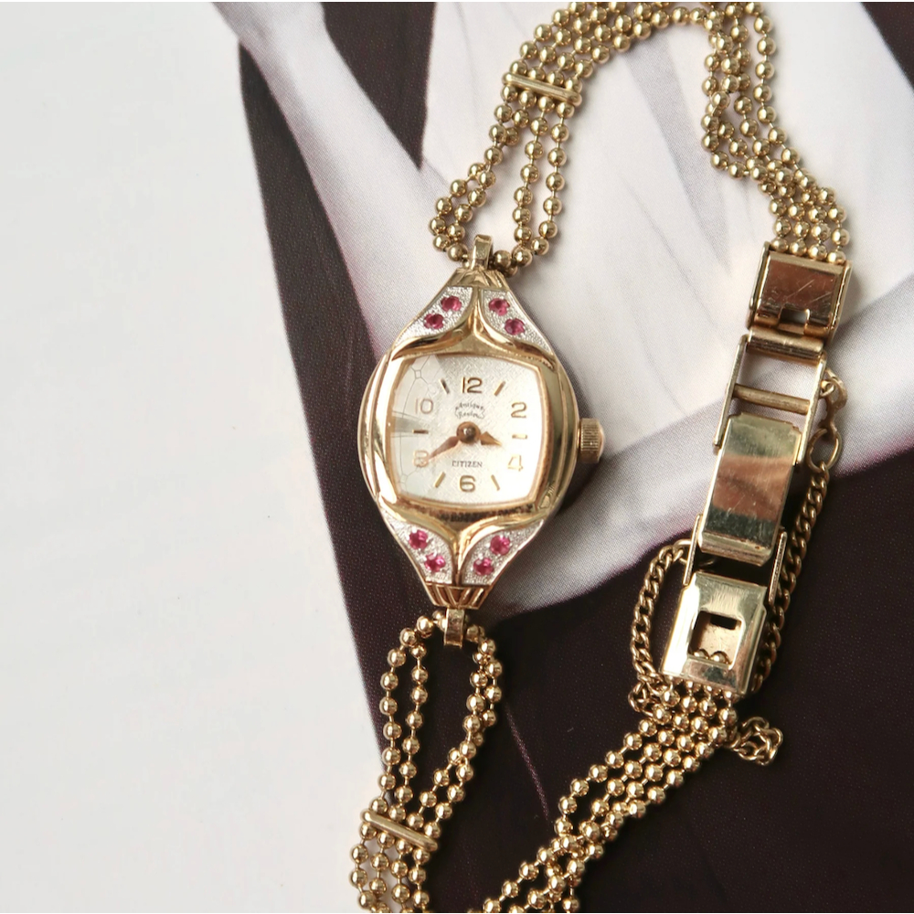 Jam Tangan Wanita Vintage Watch Citizen Antique Pink Red Frame Gold Beads Chain Original Autentik Pr