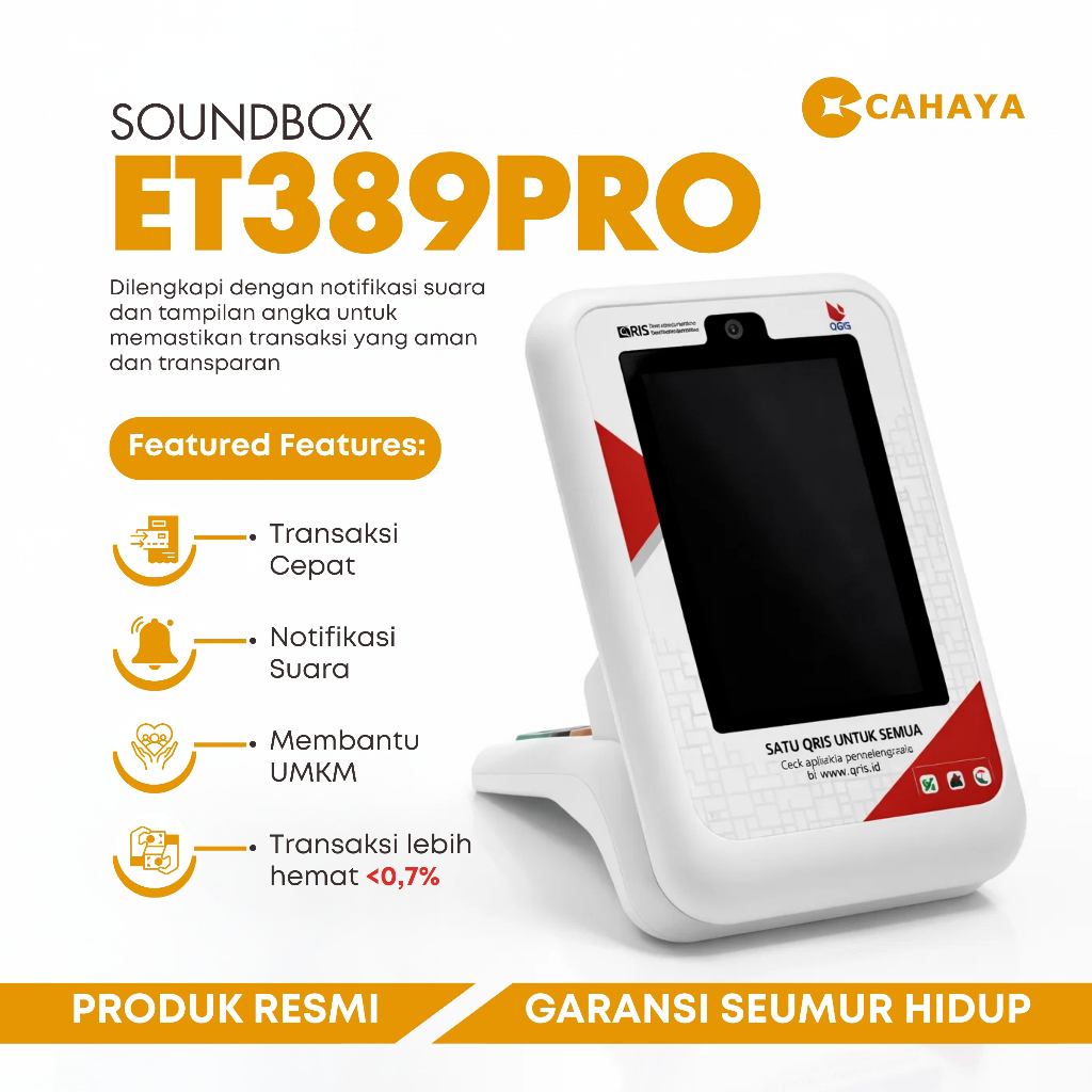CAHAYA Sound Box ET389 PRO Mesin QRIS Speaker Notifikasi Suara Anti Penipuan - Qris Box Kode Dinamis