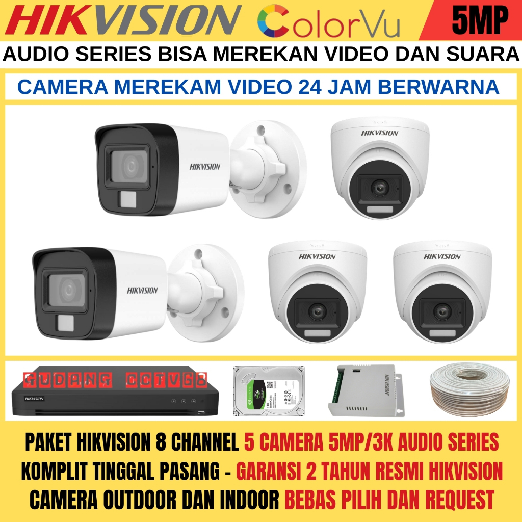 Paket CCTV HIKVISION 8 Channel 5 Camera HIKVISION 5MP Colorvu 3K Full Colour AUDIO SERIES Komplit