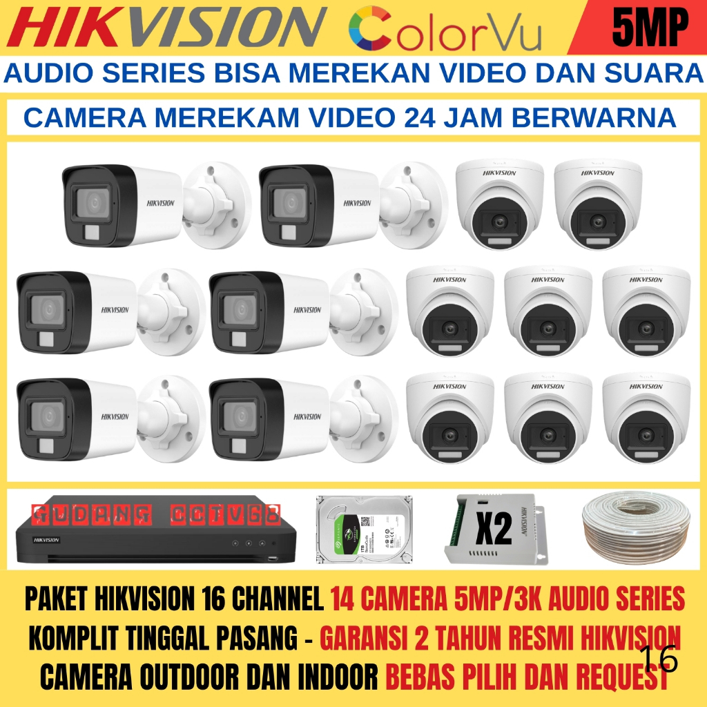 Paket CCTV HIKVISION 16 Channel 14 Camera HIKVISION 5MP Colorvu 3K Full Colour AUDIO SERIES Komplit