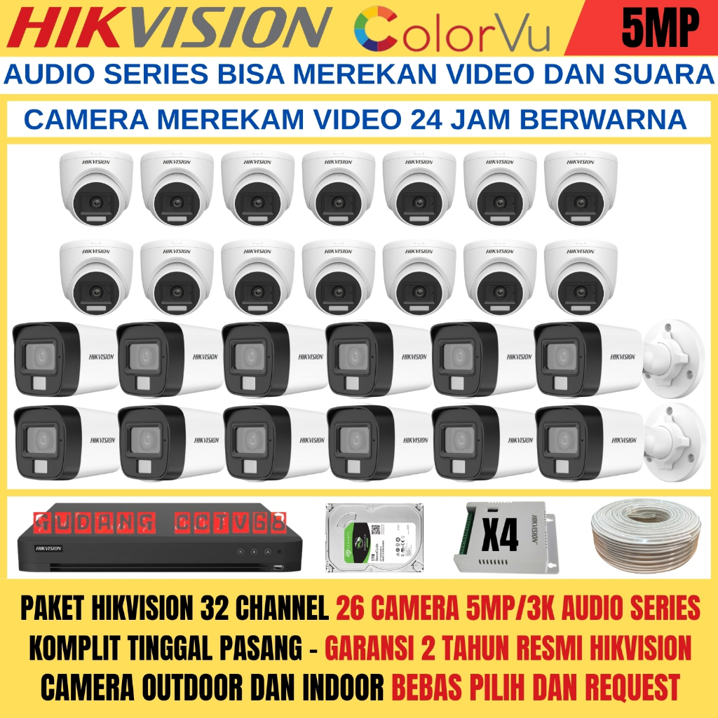 PAKET CCTV HIKVISION DVR 32 CHANNEL 26 CAMERA HIKVISION 5MP FULL COLOUR 3K COLORVU AUDIO SERIES