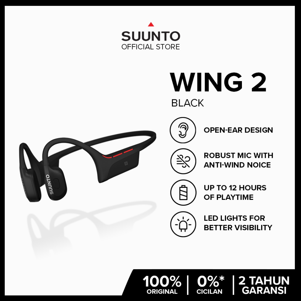 Suunto Wing 2 Black  - Open-Ear Bone-Conduction Headphone | IP66 Waterproof | 12h Playtime + Powerba