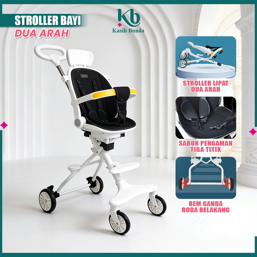 Kereta Dorong Bayi Lipat Dua Arah dengan Atap Stroller Roda 4 Portable / Stroler Dorong Bayi