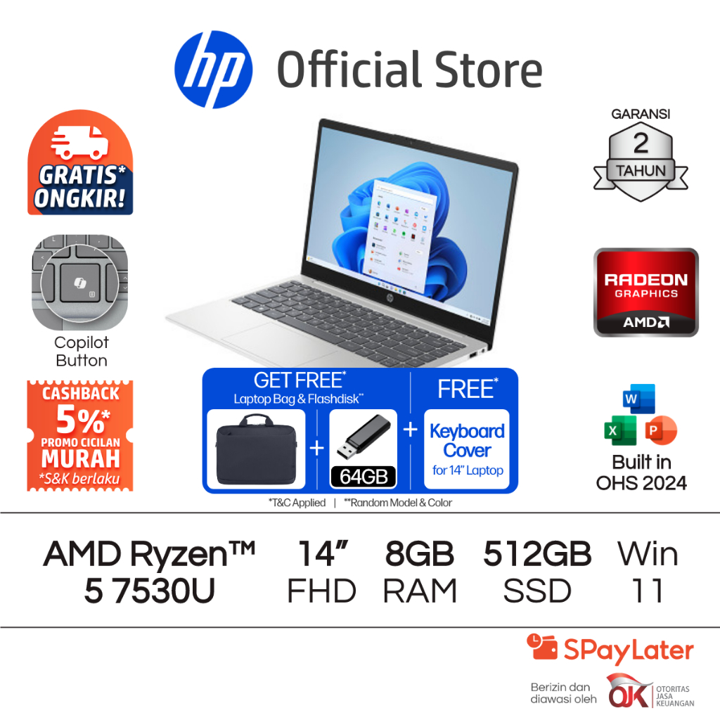 Laptop HP AMD Ryzen 5 Radeon 8GB RAM 512GB SSD Silver / Gold Windows 11 Home 14 Inch Garansi 2 Tahun