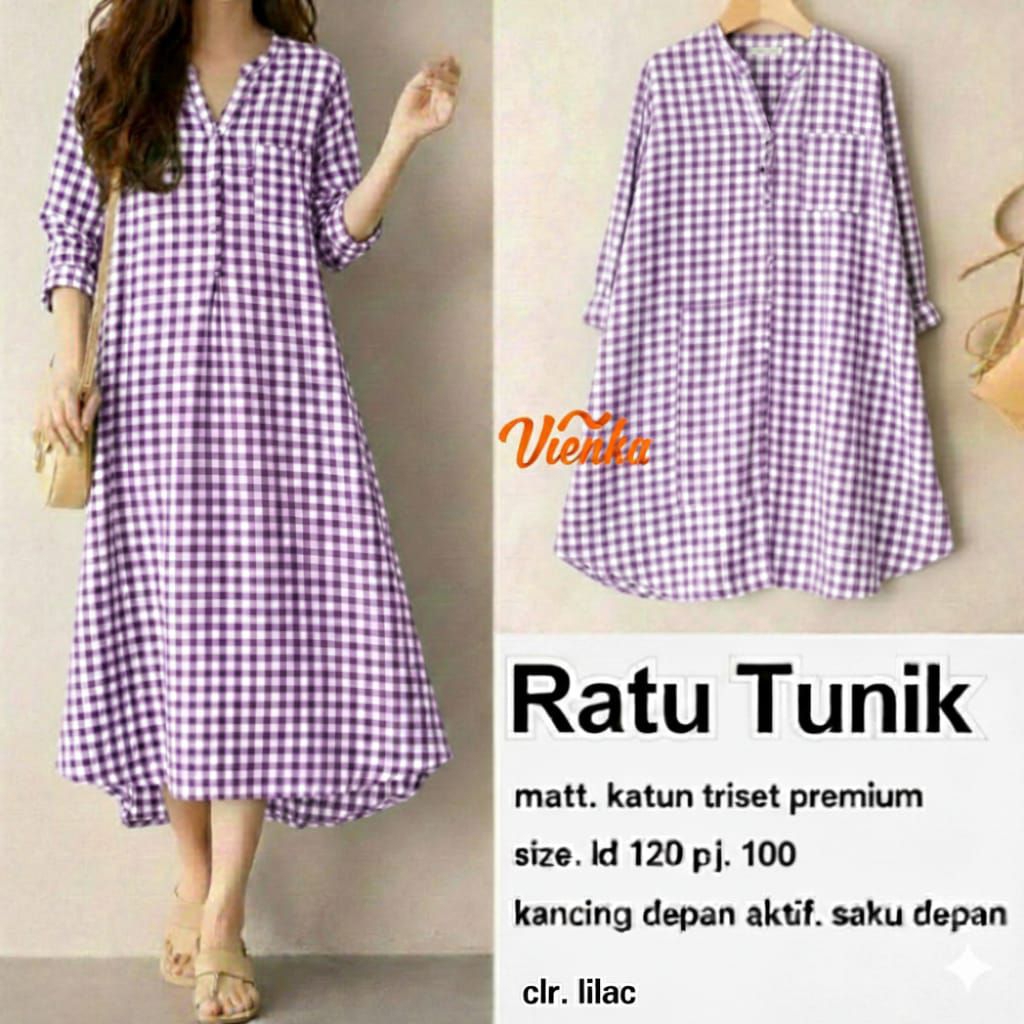 Ratu Tunik Wanita Katun Triset Premium Jumbo | Tunik Kotak Kotak Big Size Adem Nyaman Kekinian